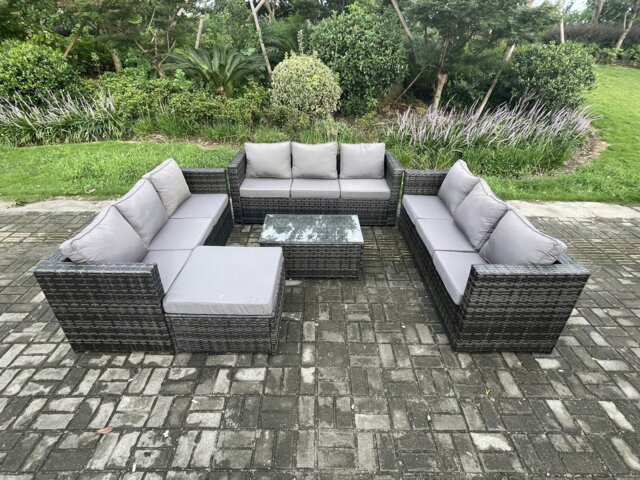 Rackhams Outdoor Lounge Sofa Set Wicker PE Rattan Garden Furniture Set with Oblong Coffee Table Big Footstool Dark Grey Mixed - image 1