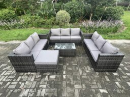 Rackhams Outdoor Lounge Sofa Set Wicker PE Rattan Garden Furniture Set with Oblong Coffee Table Big Footstool Dark Grey Mixed - thumbnail 2