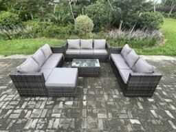 Rackhams Outdoor Lounge Sofa Set Wicker PE Rattan Garden Furniture Set with Oblong Coffee Table Big Footstool Dark Grey Mixed - thumbnail 1