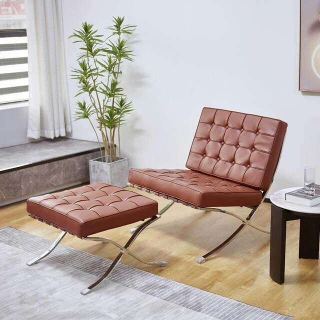 Rackhams Barcelona Chair And Ottoman, Brown Leather - Real Leather - image 1