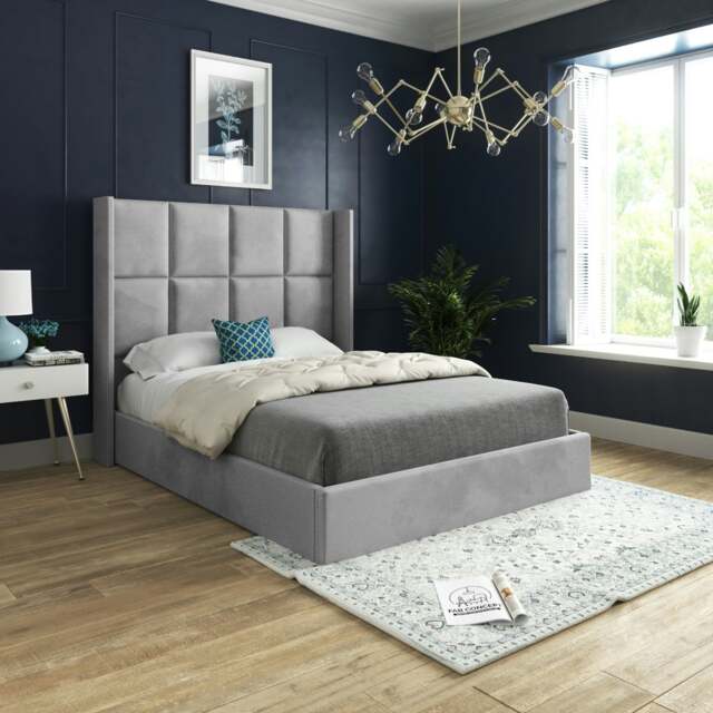 Rackhams Quanta Straight Winged Upholstered Soft Velvet Bed Frame - Grey - Grey - Small double - image 1