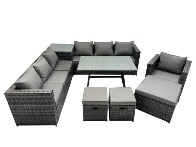 Rackhams Outdoor Corner Sofa Chair Dining Table Set Garden Rattan Furniture Set 10 Seater with Side Table 3 Stools Dark Grey - image 1