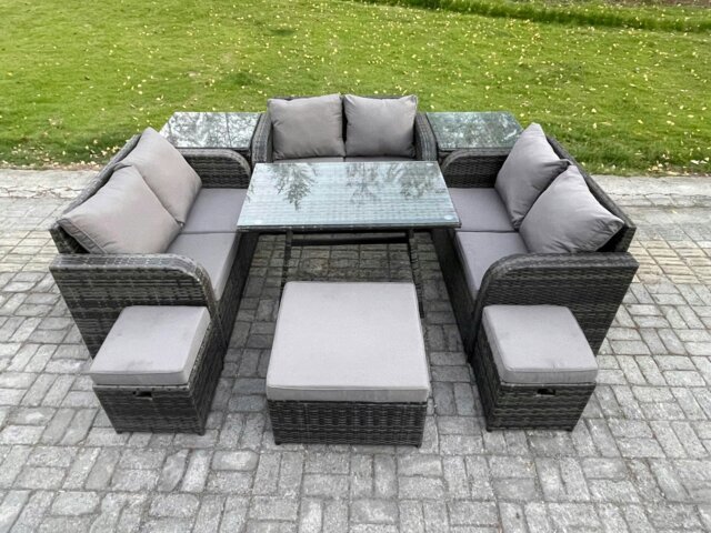 Rackhams Outdoor Rattan Garden Furniture Set Patio Love Sofa Set with Rectangular Dining Table 3 Footstools 2 Side Tables Dark Grey Mixed - image 1