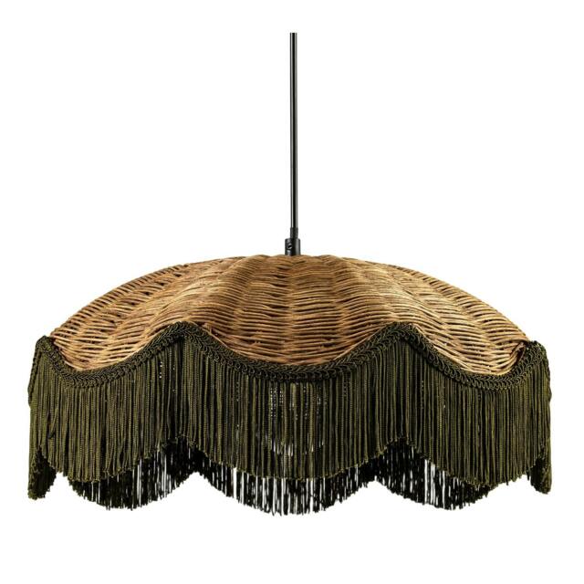 Rackhams Woven Rattan Pendant Ceiling Shade with Forest Green Trim and Tassels - image 1
