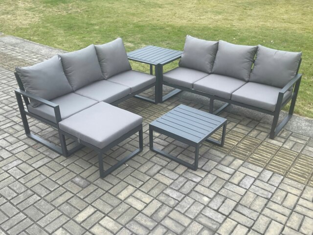 Rackhams 7-Seater Aluminium Outdoor Sofa Set - 5 Pieces, Square Coffee Table, Large Footstool, Side Table - Dark Grey - image 1