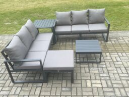 Rackhams 7-Seater Aluminium Outdoor Sofa Set - 5 Pieces, Square Coffee Table, Large Footstool, Side Table - Dark Grey - thumbnail 2