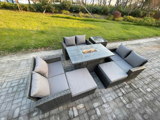 Rackhams High Back Rattan Garden Furniture Sofa Sets with Outdoor Furniture Gas Fire Pit Dining Table Set 2 Big Footstool Side Table Dark Grey Mixed - image 1