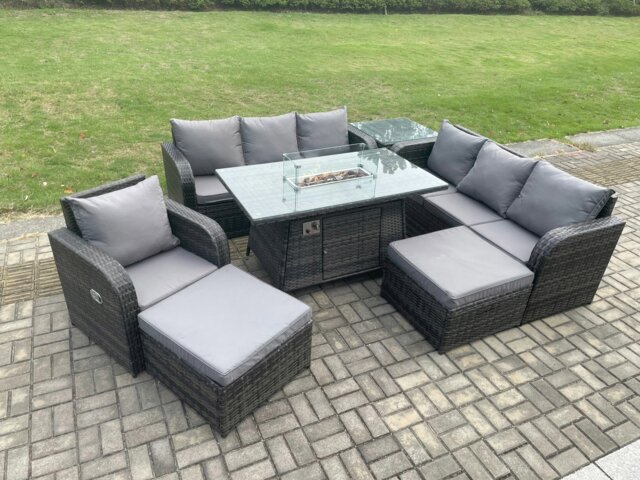 Rackhams 9-Seater Rattan Gas Fire Pit Dining Set - Indoor/Outdoor Reclining Chair, 3-Seater Sofa, Side Table, 2 Footstools - image 1