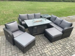 Rackhams 9-Seater Rattan Gas Fire Pit Dining Set - Indoor/Outdoor Reclining Chair, 3-Seater Sofa, Side Table, 2 Footstools - thumbnail 2