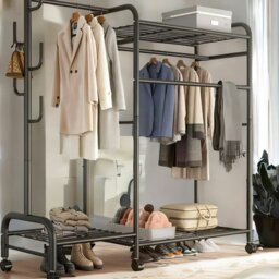 Rackhams Heavy Duty Metal Clothes Rail Open Wardrobe With Storage Shelves Black - thumbnail 3