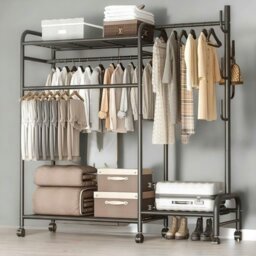 Rackhams Heavy Duty Metal Clothes Rail Open Wardrobe With Storage Shelves Black