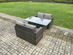 Rackhams Patio Rattan Garden Furniture Set with Oblong Rectangular Dining Table 4 Seater Outdoor Loveseat Sofa Set Dark Grey Mixed - thumbnail 1