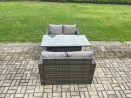 Rackhams Patio Rattan Garden Furniture Set with Oblong Rectangular Dining Table 4 Seater Outdoor Loveseat Sofa Set Dark Grey Mixed - thumbnail 2