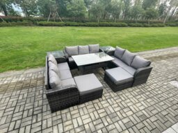 Rackhams Wicker PE Rattan Sofa Outdoor Garden Furniture Set with Rectangular Dining Table 2 Big Footstool 2 Side Tables Dark Grey Mixed - thumbnail 2