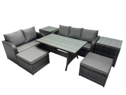 Rackhams 7 Seat Outdoor Wicker PE Rattan Garden Furniture Set Dining Table Sofa Sets with 2 Big Stools 2 Side Tables Dark Grey Mixed - thumbnail 2