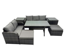 Rackhams 7 Seat Outdoor Wicker PE Rattan Garden Furniture Set Dining Table Sofa Sets with 2 Big Stools 2 Side Tables Dark Grey Mixed - thumbnail 1