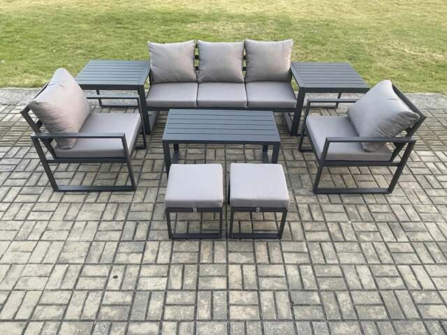 Rackhams Aluminium Patio Outdoor Furniture Set 8 Pcs Garden Sofa with Oblong Coffee Table 2 Small Footstools 2 Armchairs 2 Side Tables Dark Grey - image 1