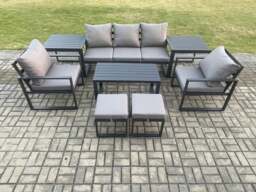 Rackhams Aluminium Patio Outdoor Furniture Set 8 Pcs Garden Sofa with Oblong Coffee Table 2 Small Footstools 2 Armchairs 2 Side Tables Dark Grey - thumbnail 1