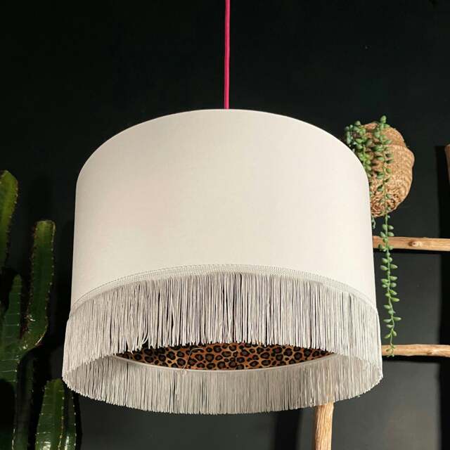 "Rackhams Crisp White Leopard Print Silhouette Lampshade with White Fringing - Table / Floor Lamp - 70cm diameter x 20cm height (27"" x 8"")" - image 1
