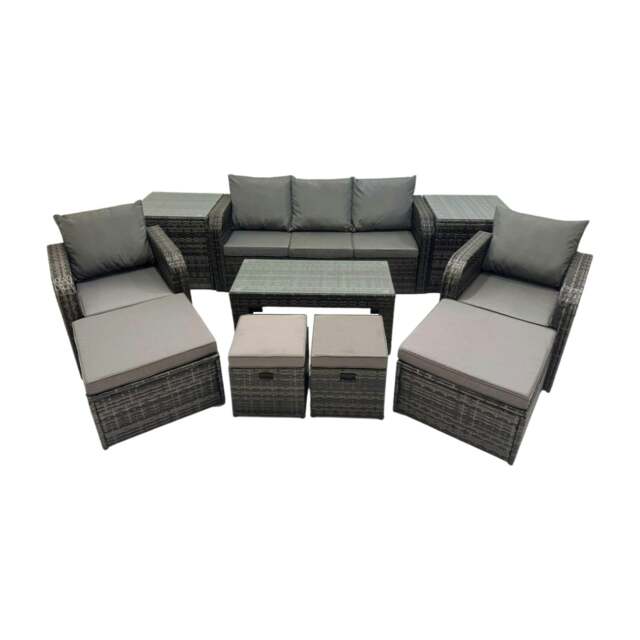 Rackhams Rattan Garden Outdoor Furniture Set 3 Seater Sofa Reclining Chair Coffee Table with 2 Side Tables 4 Footstools Dark Grey Mixed - image 1