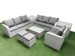 Rackhams 9 Seater Poly Rattan Outdoor Garden Furniture Sofa Set Patio 3 Seater Sofa Reclining Chair 3 Seater Sofa Stools 2 Side Table Light Grey - thumbnail 2