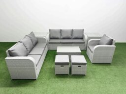 Rackhams 9 Seater Poly Rattan Outdoor Garden Furniture Sofa Set Patio 3 Seater Sofa Reclining Chair 3 Seater Sofa Stools 2 Side Table Light Grey - thumbnail 1