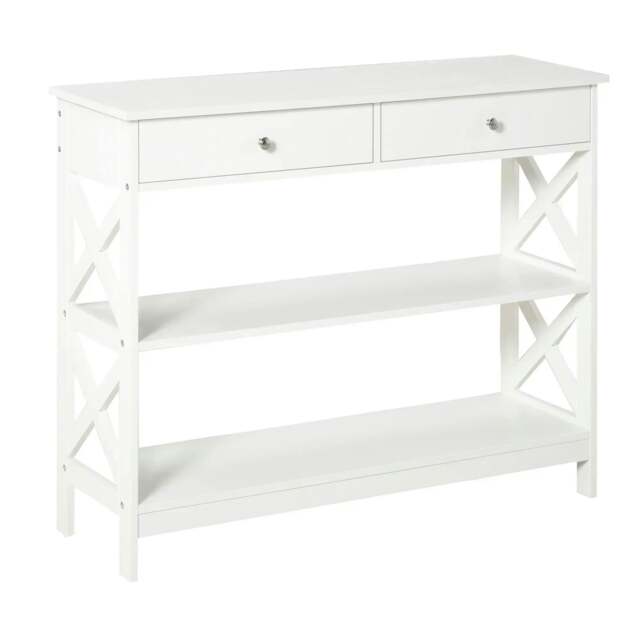 Rackhams Console Table Side Desk w/ Shelves Drawers Open Top X Support Frame Living Room Hallway Home Office Furniture White - image 1