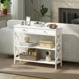 Rackhams Console Table Side Desk w/ Shelves Drawers Open Top X Support Frame Living Room Hallway Home Office Furniture White - thumbnail 6