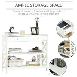 Rackhams Console Table Side Desk w/ Shelves Drawers Open Top X Support Frame Living Room Hallway Home Office Furniture White - thumbnail 3