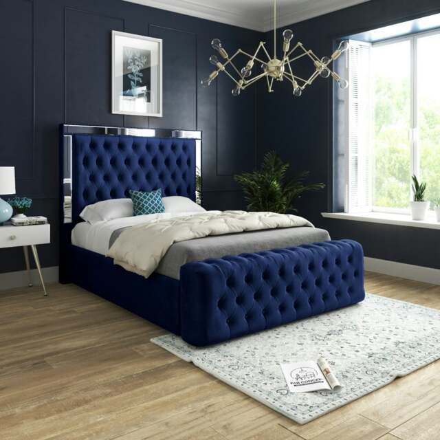 Rackhams Marino Mirror Upholstered Soft Velvet Bed Frame - Blue - Blue - Super king - image 1