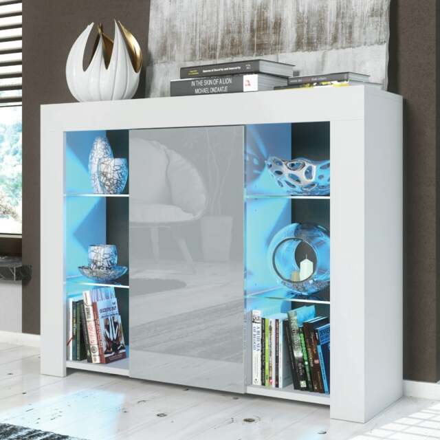 Rackhams 97.5cm TV Stand Sideboard – Grey Gloss Doors with Free LED - 97.5cm - White Matt Body & Grey Gloss Doors - MDF/Chipboard - image 1