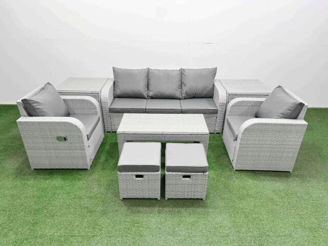 Rackhams PE Rattan Garden Furniture Set Reclining Chair Sofa Lounge Sofa Set Rectangular Coffee Table 2 Side Table 2 Small Stools Light Grey - image 1