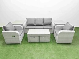 Rackhams PE Rattan Garden Furniture Set Reclining Chair Sofa Lounge Sofa Set Rectangular Coffee Table 2 Side Table 2 Small Stools Light Grey - thumbnail 2