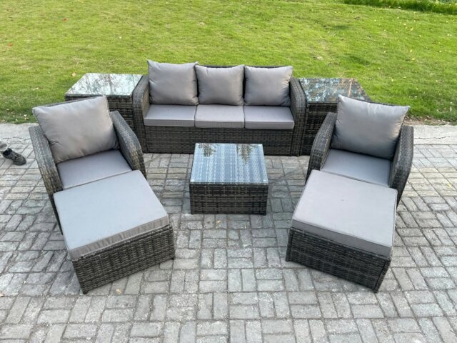 Rackhams Patio Garden Furniture Sets Wicker 7 Seater Outdoor Rattan Furniture Sofa Sets with Square Coffee Table 2 Side Tables 2 Big Footstool - image 1