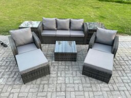 Rackhams Patio Garden Furniture Sets Wicker 7 Seater Outdoor Rattan Furniture Sofa Sets with Square Coffee Table 2 Side Tables 2 Big Footstool