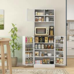 Rackhams 169cm Tall Kitchen Pantry Storage Cabinet with Microwave Shelf - Kitchen Pantry - Particleboard, Tempered Glass - White
