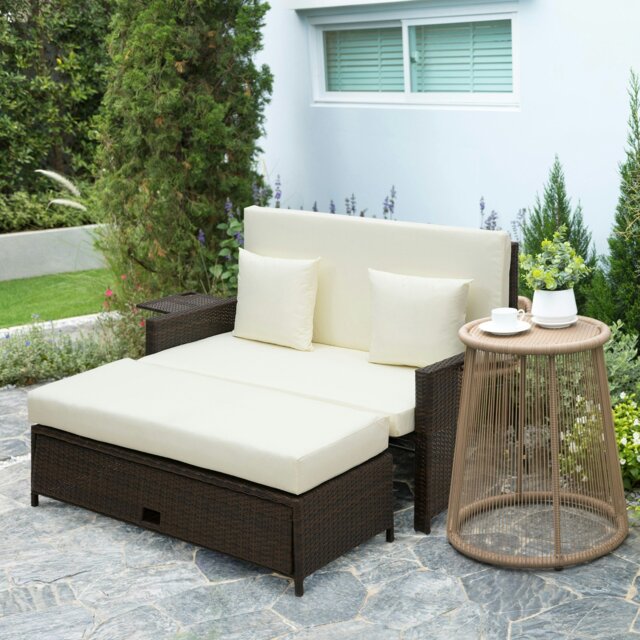 Rackhams Garden Rattan Furniture Set 2 Seater Patio Sun Lounger Daybed Sun Bed - 130cmx76cmx96cm - Brown / Cream Cushions - image 1