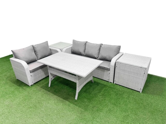 Rackhams 5 Seater PE Rattan Wicker Garden Furniture Patio Conservatory Sofa Set with Rectangular Dining Table 3 Seater Sofa Love Sofa 2 Side Table - image 1