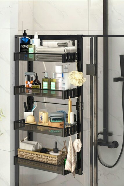 Rackhams 4 Tier Hanging Adjustable Shower Caddy Shelf with Hooks No Drilling Over Door Storage Organizer - Black - image 1