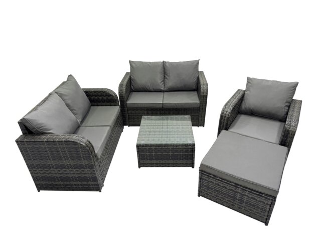 Rackhams Rattan Garden Outdoor Furniture Set Love Sofa Square Coffee Table Set with Big Stool Dark Grey Mixed - image 1