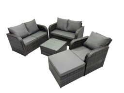 Rackhams Rattan Garden Outdoor Furniture Set Love Sofa Square Coffee Table Set with Big Stool Dark Grey Mixed - thumbnail 2