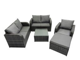 Rackhams Rattan Garden Outdoor Furniture Set Love Sofa Square Coffee Table Set with Big Stool Dark Grey Mixed - thumbnail 1