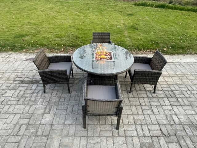 Rackhams Outdoor PE Rattan Garden Furniture Sets Gas Fire Pit Round Table Sets Gas Heater with 4 Seater Dining Cahirs Dark Grey Mixed - image 1
