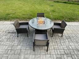 Rackhams Outdoor PE Rattan Garden Furniture Sets Gas Fire Pit Round Table Sets Gas Heater with 4 Seater Dining Cahirs Dark Grey Mixed - thumbnail 1