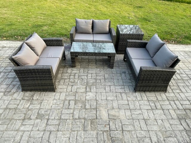 Rackhams 6 Seater Rattan Wicker Garden Furniture Patio Conservatory Sofa Set with Coffee Table Double Seater Sofa Side Table - image 1