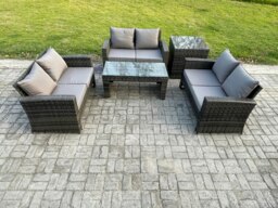 Rackhams 6 Seater Rattan Wicker Garden Furniture Patio Conservatory Sofa Set with Coffee Table Double Seater Sofa Side Table - thumbnail 1