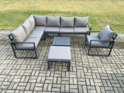 Rackhams 8 Seater Aluminium Garden Furniture Set Outdoor Lounge Corner Sofa Chair Square Coffee Table Sets with Big Footstool Dark Grey - thumbnail 2