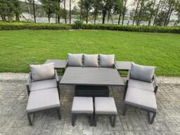Rackhams Aluminium Garden Furniture Sets 9 Seater Outdoor Sofa Set with Adjustable Rising Lifting Dining Table 2 Chairs 4 Footstools 2 Side Tables - thumbnail 2