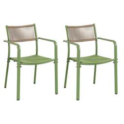 Rackhams 3 Piece Bistro Garden Set, Pair Of Rope Back Armchairs & Square Metal Folding Table, Moss Green - Off-White - thumbnail 4