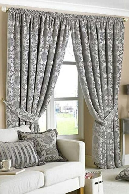 "Rackhams Hanover Chenille Damask Fully Lined Pencil Pleat Curtains - Silver - 66 x 72"""